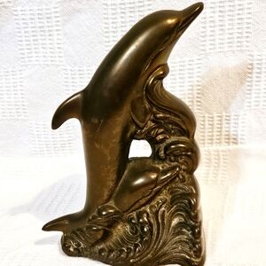 Vintage Solid Brass Dolphin Porpoises Bookend Circa 70s